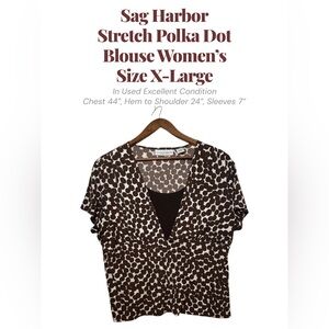 Sag Harbor Polka Dot V-Neck Blouse Size XL Black White Stretch Top